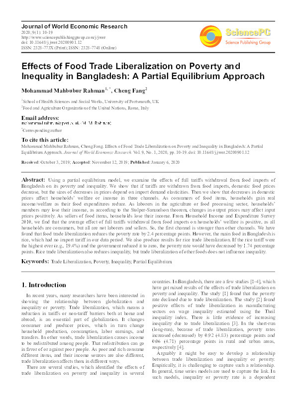 Effects of food trade liberalization on poverty and inequality in Bangladesh: a partial equilibrium approach Thumbnail