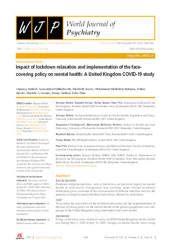 Impact of lockdown relaxation and implementation of the face-covering policy on mental health: a United Kingdom COVID-19 study Thumbnail