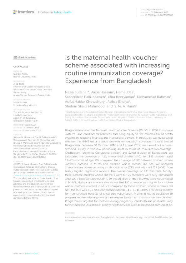 Is the maternal health voucher scheme associated with increasing routine immunization coverage? Experience from Bangladesh Thumbnail