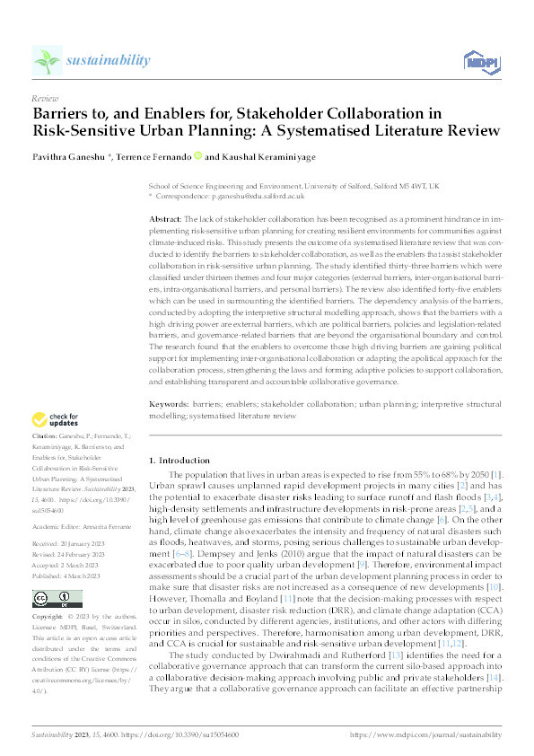 Barriers to, and enablers for, stakeholder collaboration in risk-sensitive urban planning: a systematised literature review Thumbnail