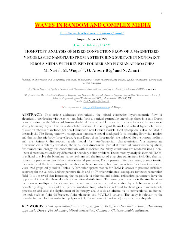 Homotopy analysis of mixed convection flow of a magnetized viscoelastic nanofluid from a stretching surface in non-Darcy porous media with revised Fourier and Fickian approaches Thumbnail