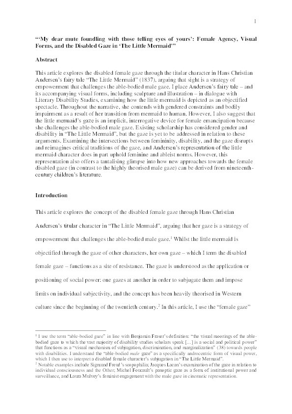 “My Dear Mute Foundling with Those Telling Eyes of Yours”: female agency, visual forms, and the disabled gaze in “The Little Mermaid” Thumbnail