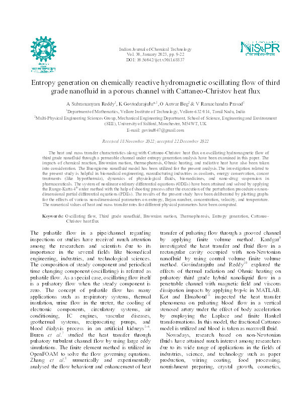 Entropy generation on chemically reactive hydromagnetic oscillating flow of third grade nanofluid in a porous channel with Cattaneo-Christov heat flux Thumbnail