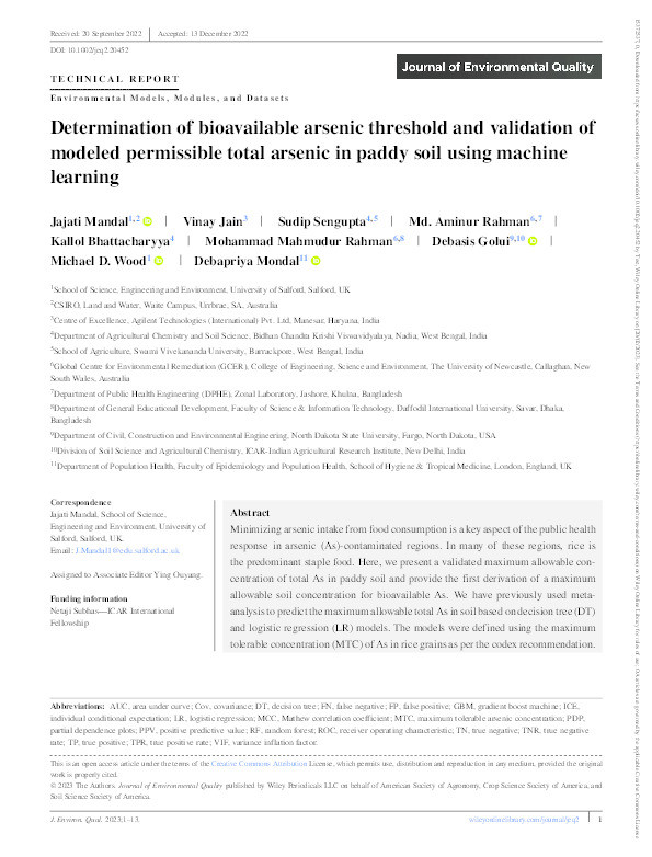 Determination of bioavailable arsenic threshold and validation of modelled permissible total arsenic in paddy soil using machine learning Thumbnail