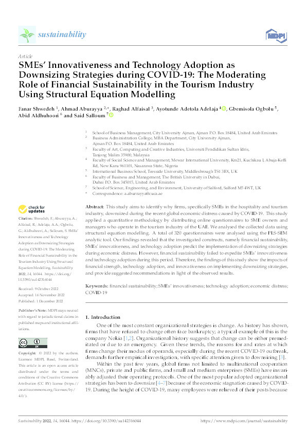 SMEs’ innovativeness and technology adoption as downsizing strategies during COVID-19: the moderating role of financial sustainability in the tourism industry using structural equation modelling Thumbnail
