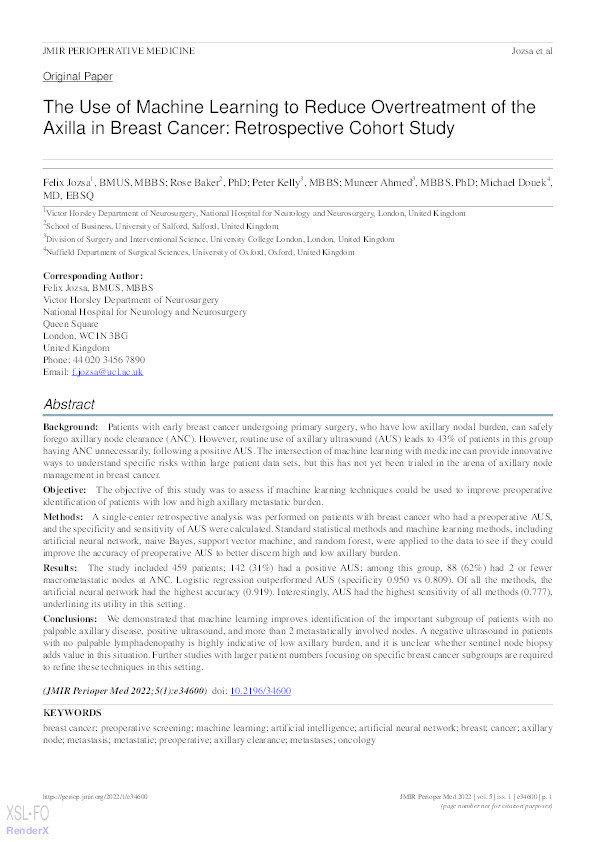 The use of machine learning to reduce overtreatment of the axilla in breast cancer: retrospective cohort study Thumbnail