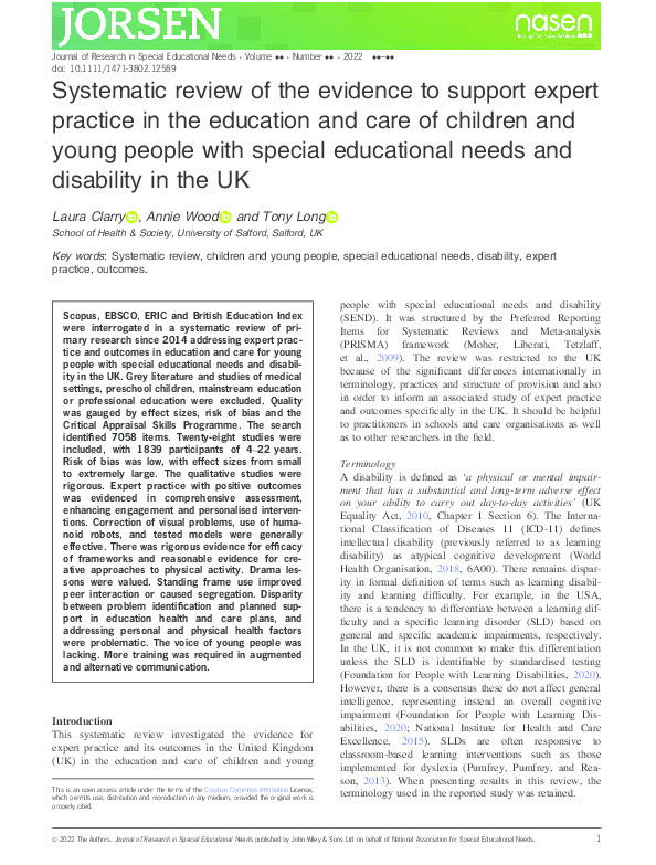 Systematic review of the evidence to support expert practice in the education and care of children and young people with special educational needs and disability in the UK Thumbnail