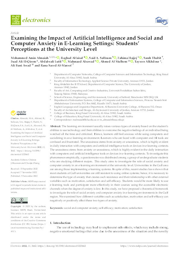Examining the impact of artificial intelligence and social and computer anxiety in e-learning settings: students’ perceptions at the university level Thumbnail