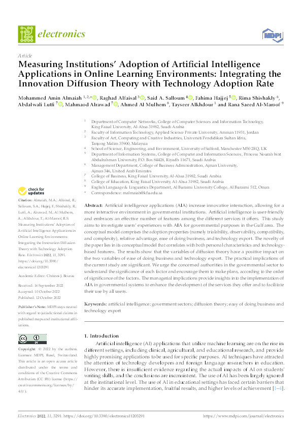 Measuring institutions’ adoption of artificial intelligence applications in online learning environments: integrating the innovation diffusion theory with technology adoption rate Thumbnail