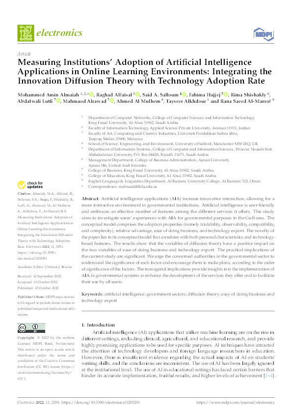 Measuring Institutions’ Adoption of Artificial Intelligence Applications in Online Learning Environments: Integrating the Innovation Diffusion Theory with Technology Adoption Rate Thumbnail