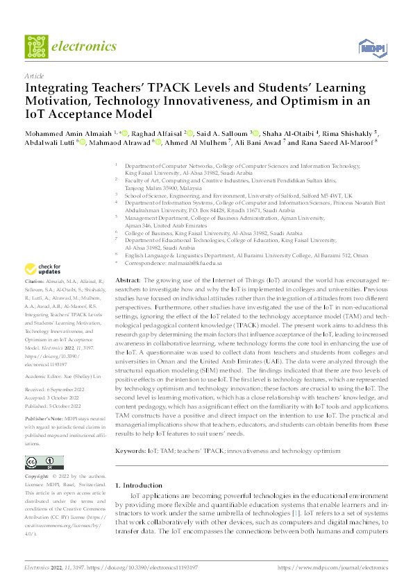 Integrating teachers’ TPACK levels and students’ learning motivation, technology innovativeness, and optimism in an IoT acceptance model Thumbnail