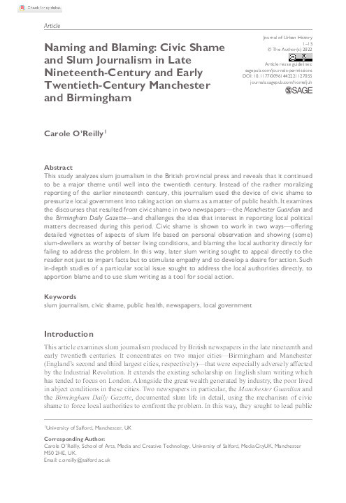 Naming and blaming: civic shame and slum journalism in late nineteenth-century and early twentieth-century Manchester and Birmingham Thumbnail