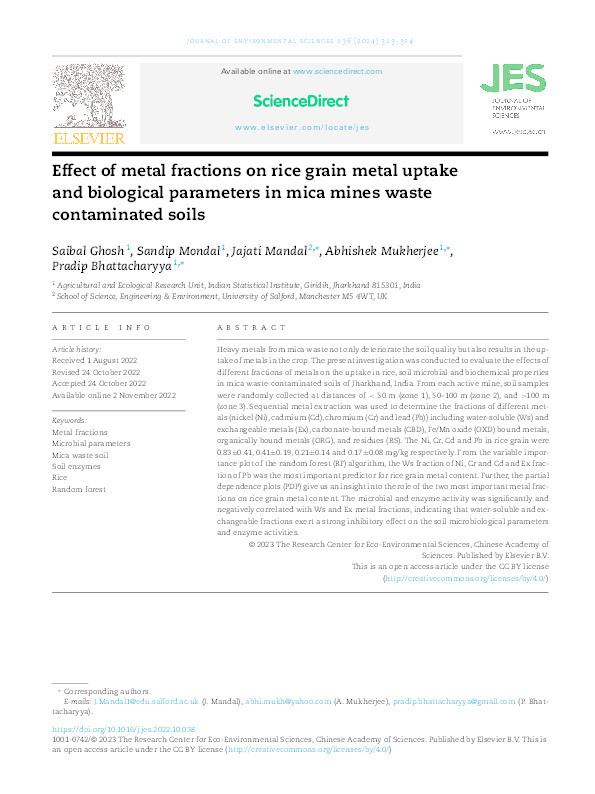 Effect of metal fractions on rice grain metal uptake and biological parameters in mica mines waste contaminated soils. Thumbnail