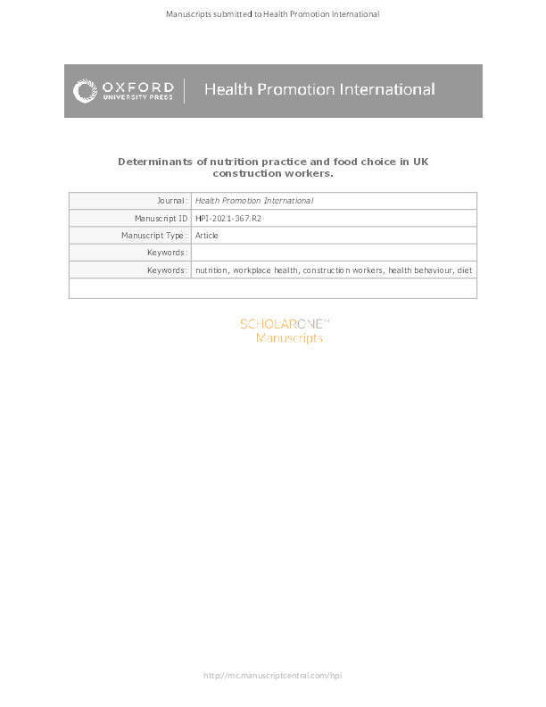 Determinants of nutrition practice and food choice in UK construction workers Thumbnail