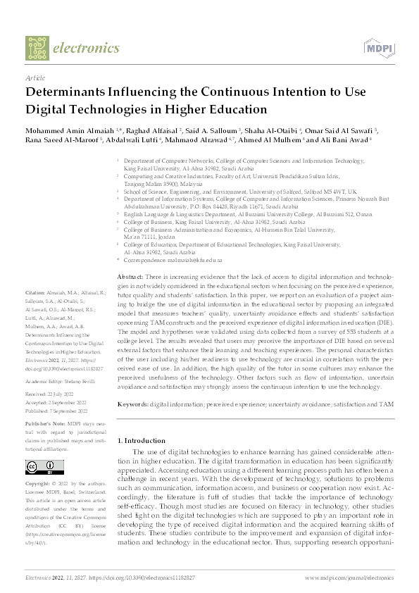 Determinants influencing the continuous intention to use digital technologies in Higher Education Thumbnail