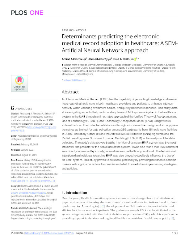 Determinants predicting the electronic medical record adoption in healthcare: A SEM-Artificial Neural Network approach Thumbnail