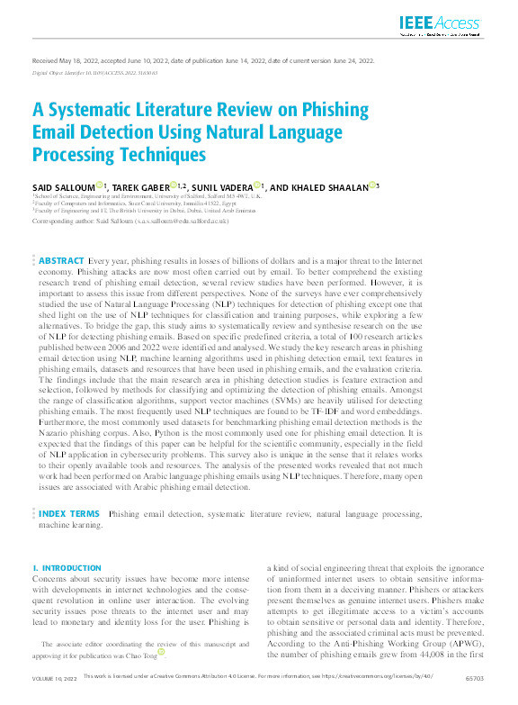 A systematic literature review on phishing email detection using natural language processing techniques Thumbnail