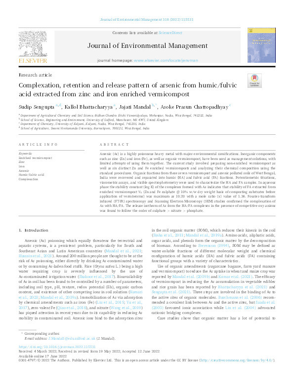 Complexation, retention and release pattern of arsenic from humic/fulvic acid extracted from zinc and iron enriched vermicompost Thumbnail