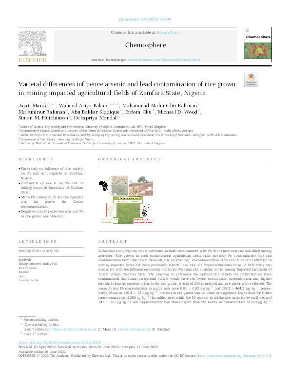 Varietal differences influence arsenic and lead contamination of rice grown in mining impacted agricultural fields of Zamfara State, Nigeria Thumbnail