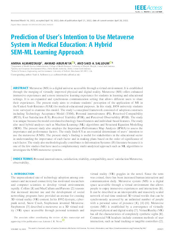 Prediction of User’s Intention to Use Metaverse System in Medical Education: A Hybrid SEM-ML Learning Approach Thumbnail