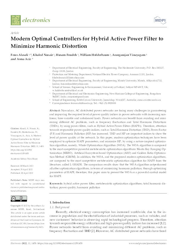 Modern Optimal Controllers for Hybrid Active Power Filter to Minimize Harmonic Distortion Thumbnail