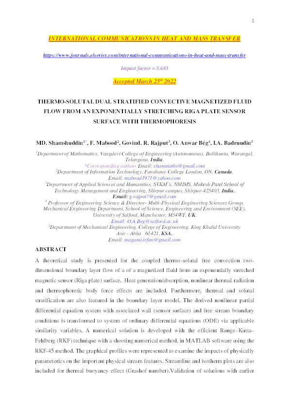 Thermo-solutal dual stratified convective magnetized fluid flow from an exponentially stretching Riga plate sensor surface with thermophoresis Thumbnail