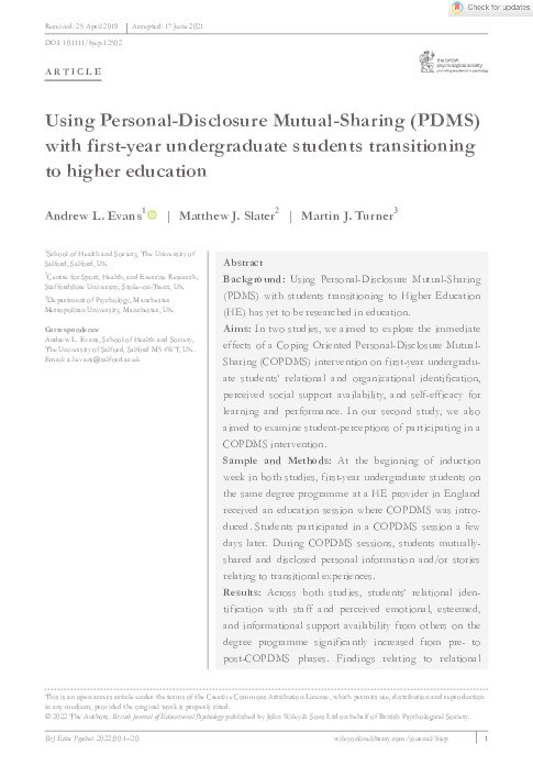 Using Personal-Disclosure Mutual-Sharing (PDMS) with first-year undergraduate students transitioning to higher education Thumbnail