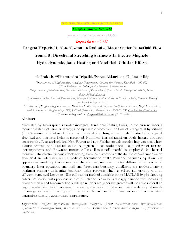 Tangent hyperbolic non-Newtonian radiative bioconvection nanofluid flow from a bi-directional stretching surface with electro-magneto-hydrodynamic, Joule heating and modified diffusion effects Thumbnail