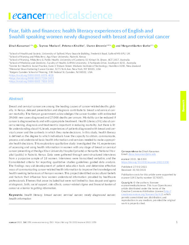 Fear, faith and finances : health literacy experiences of English and Swahili speaking women newly diagnosed with breast and cervical cancer Thumbnail