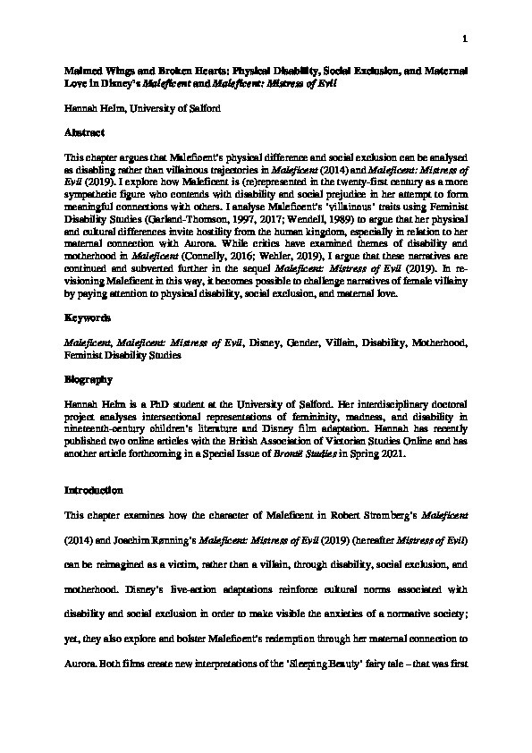 Maimed wings and broken hearts : physical disability, social exclusion, and  maternal love in Disney's Maleficent and Maleficent: Mistress of Evil