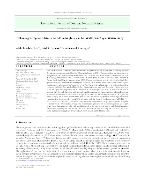 Technology acceptance drivers for AR smart glasses in the middle east : a quantitative study Thumbnail