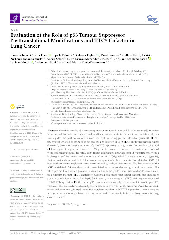 Evaluation of the role of p53 tumour suppressor posttranslational modifications and TTC5 cofactor in lung cancer Thumbnail