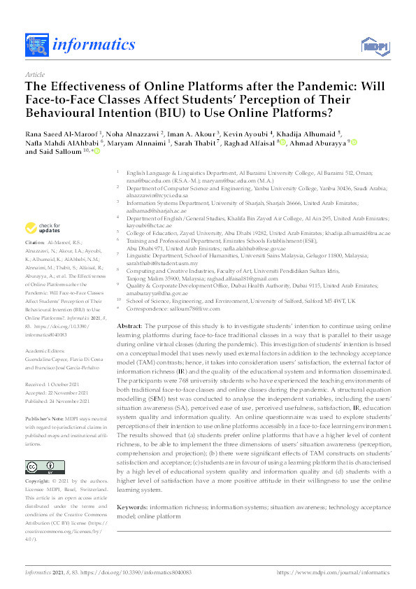 The effectiveness of online platforms after the pandemic : will face-to-face classes affect students’ perception of their Behavioural Intention (BIU) to use online platforms? Thumbnail