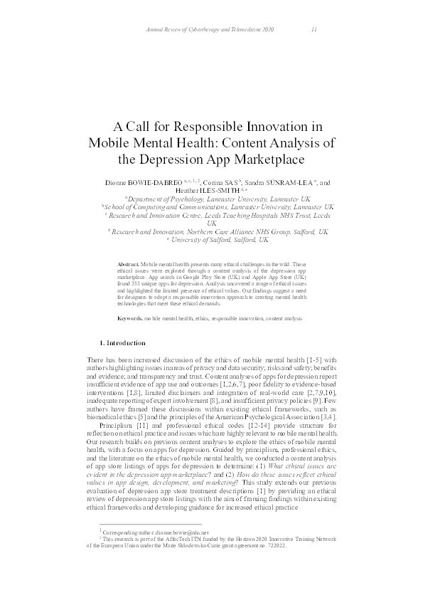 A call for responsible innovation in mobile mental health : content analysis of the depression app marketplace Thumbnail