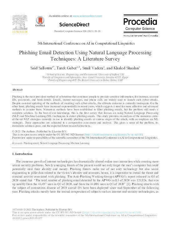 Phishing email detection using Natural Language Processing techniques : a literature survey Thumbnail