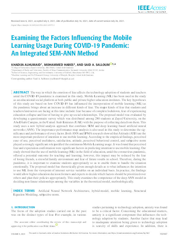 Examining the factors influencing the mobile learning usage during COVID-19 pandemic : an integrated SEM-ANN method Thumbnail