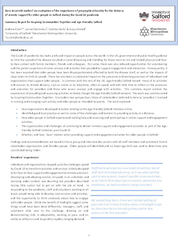 Does local still matter? An evaluation of the importance of geographical locality for the delivery
of remote support for older people in Salford during the Covid-19 pandemic - summary report Thumbnail