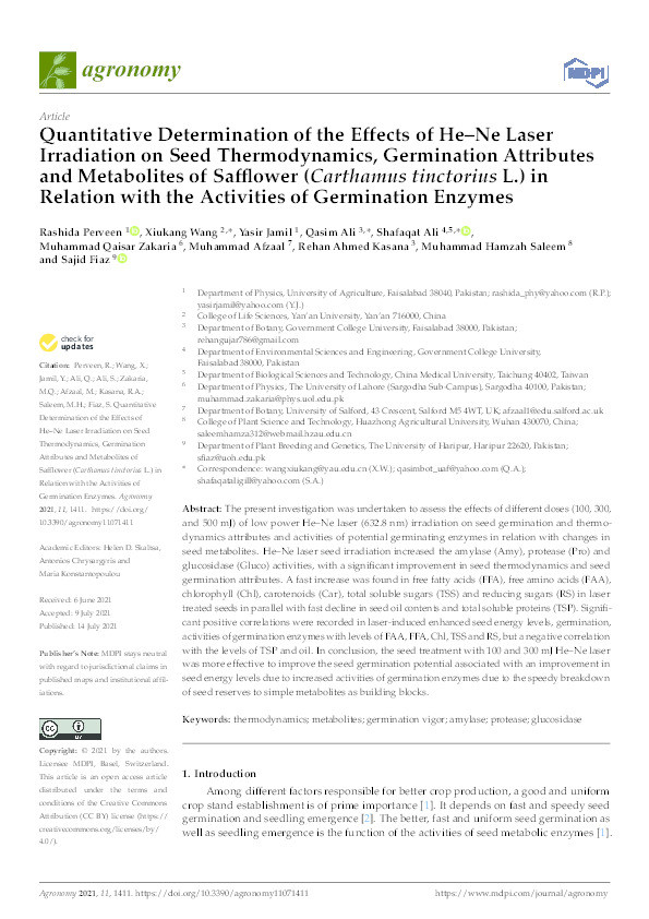 Quantitative determination of the effects of He–Ne laser irradiation on seed thermodynamics, germination attributes and metabolites of Safflower (Carthamus tinctorius L) in relation with the activities of germination enzymes Thumbnail