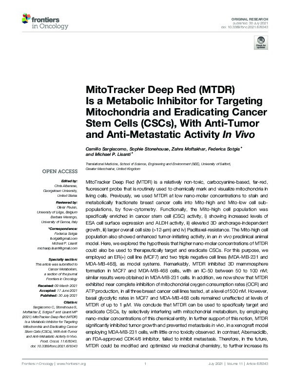 MitoTracker Deep Red (MTDR) is a metabolic inhibitor for targeting mitochondria and eradicating cancer stem cells (CSCs), with anti-tumor and anti-metastatic activity in vivo Thumbnail