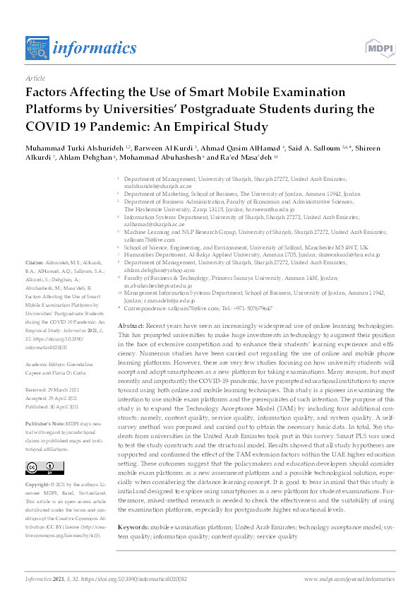 Factors affecting the use of smart mobile examination platforms by universities’ postgraduate students during the COVID 19 pandemic : an empirical study Thumbnail