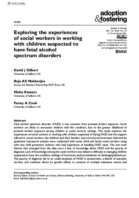 Exploring the experiences of social workers in working with children suspected of having fetal alcohol spectrum disorders Thumbnail