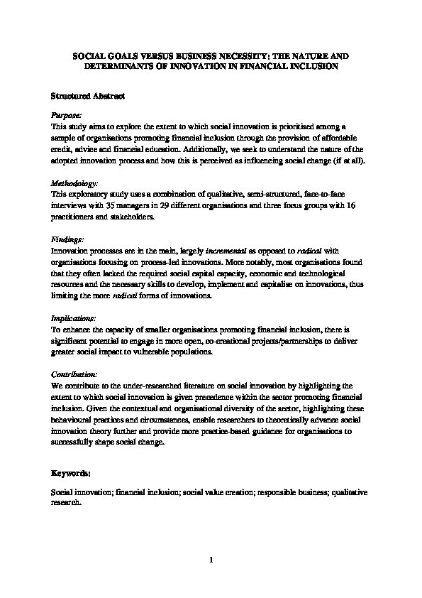 Social goals versus business necessity : the nature and determinants of innovation in financial inclusion Thumbnail