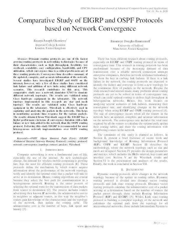 Comparative study of EIGRP and OSPF protocols based on network convergence Thumbnail