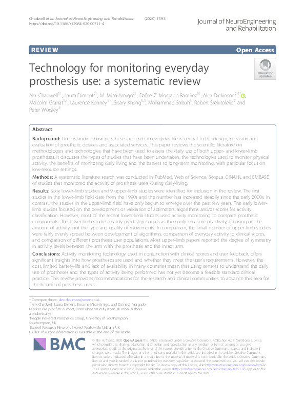 Technology for monitoring everyday prosthesis use : a systematic review Thumbnail