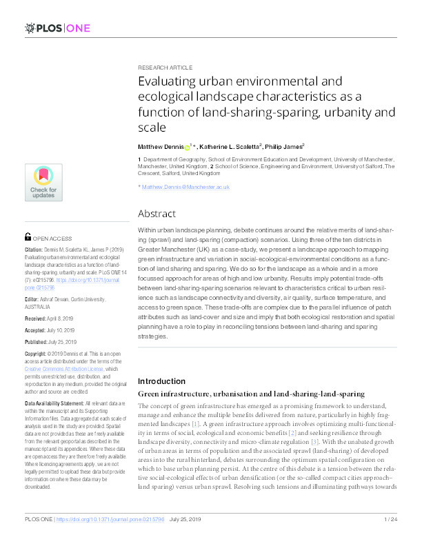 Evaluating urban environmental and ecological landscape characteristics as a function of land-sharing-sparing, urbanity and scale Thumbnail