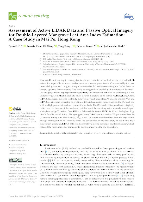 Assessment of active LiDAR data and passive optical imagery for double-layered mangrove leaf area index estimation: a case study in Mai Po, Hong Kong Thumbnail