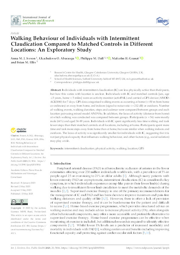 Walking Behaviour of Individuals with Intermittent Claudication Compared to Matched Controls in Different Locations: An Exploratory Study Thumbnail