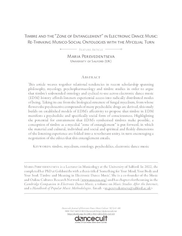 Timbre and the "Zone of Entanglement" in Electronic Dance Music: Re-Thinking Musico-Social Ontologies with the Mycelial Turn Thumbnail