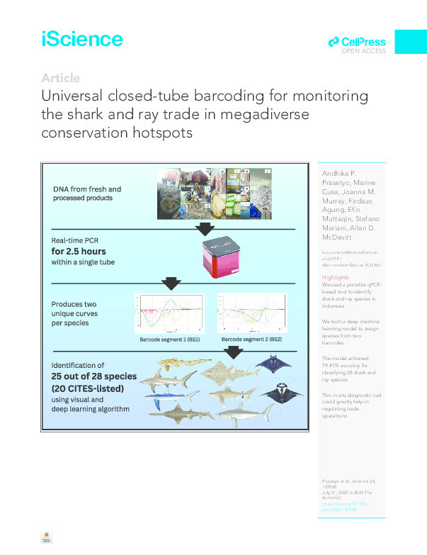Universal closed-tube barcoding for monitoring the shark and ray trade in megadiverse conservation hotspots. Thumbnail