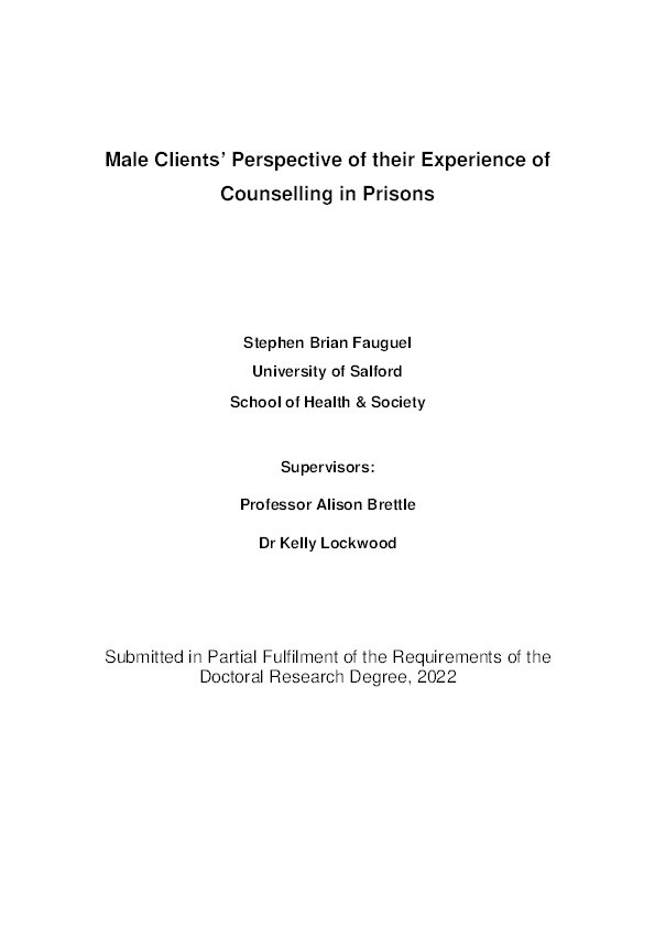 Male Clients' Perspective Of Their Experience Of Counselling In Prisons Stephen Brian Fauguel Thumbnail